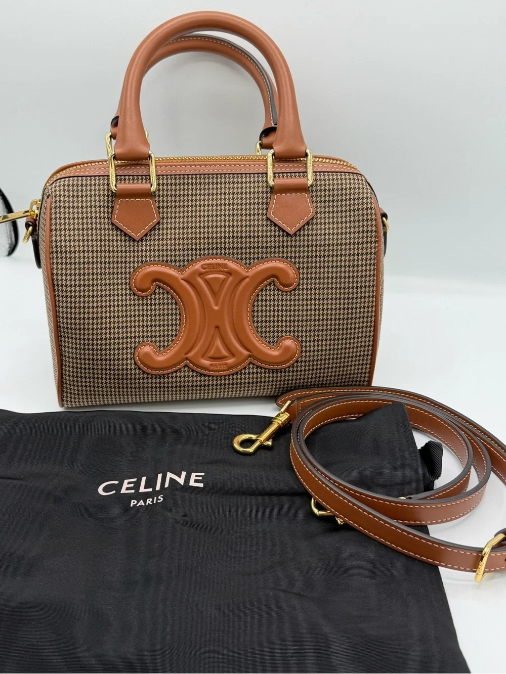 Celine Brown Houndstooth Satchel with Tan Leather Trim